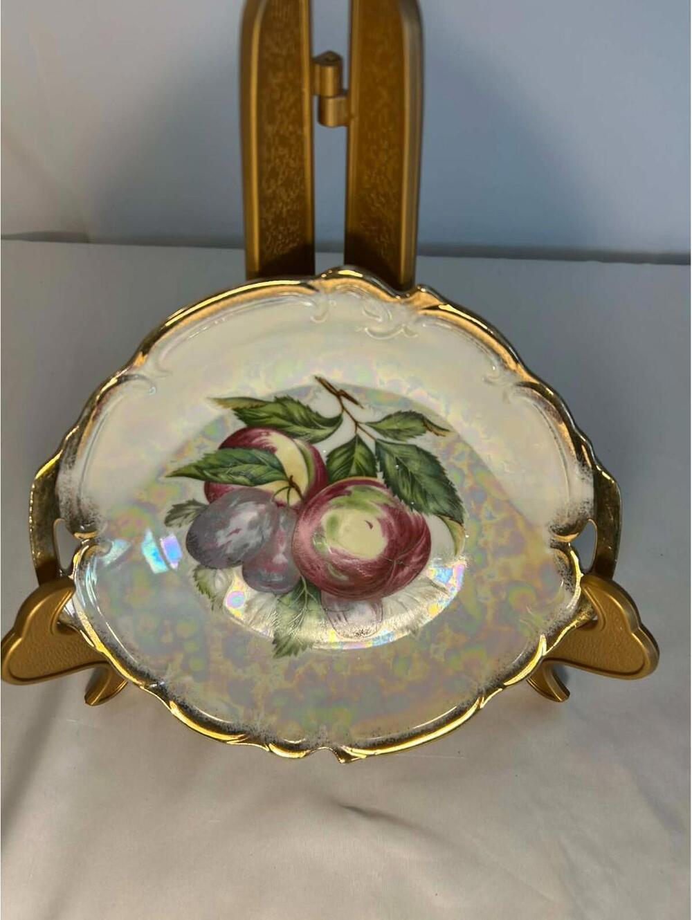 Vintage Japan Lustreware Fruit Motif Plate with Gold Trim – Decorative Porcelain